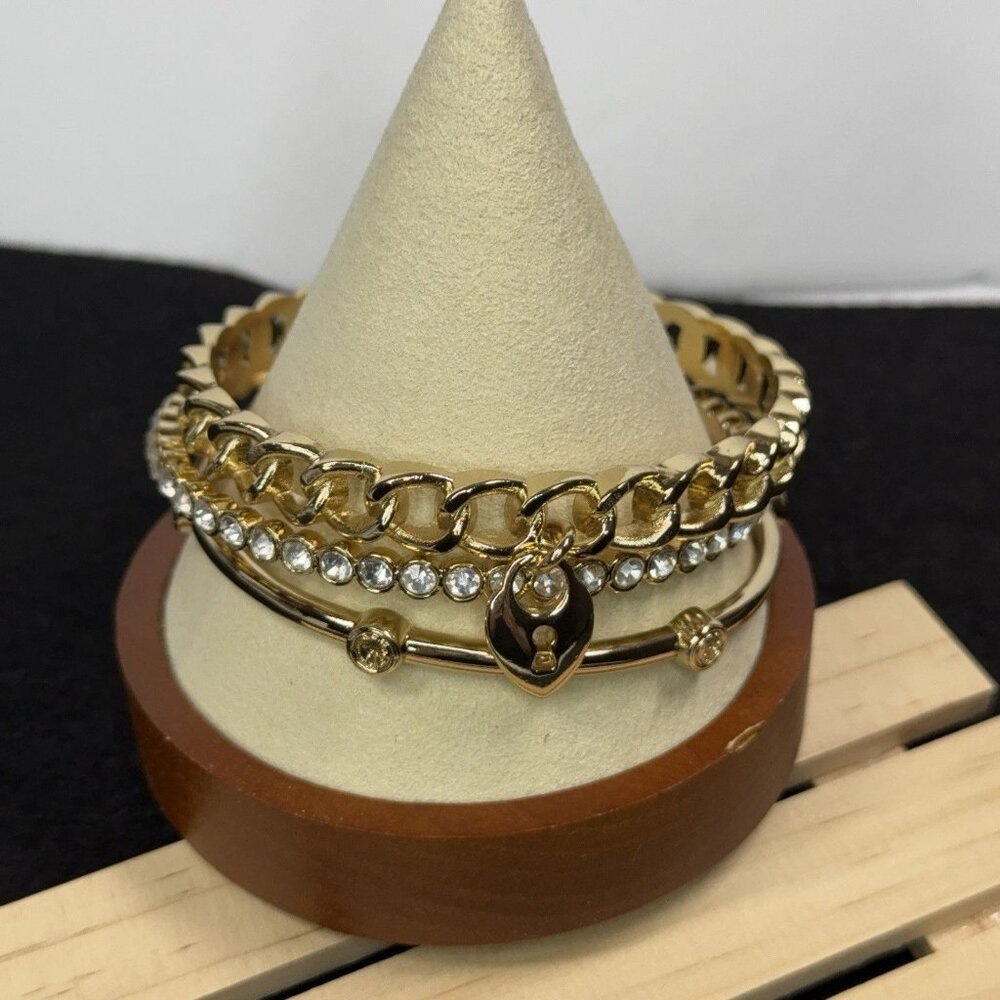 Graziano Gold Tone Bangle Bracelets Lot of 3 Rhinestones Open Link Lock Sz 8.5" - Picture 2 of 9
